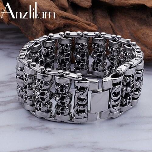 35mm Width Large Personality Punk Skull Bracelet Silver Color Stainless Steel Bracelets For Men Women Goth Jewelry Gifts