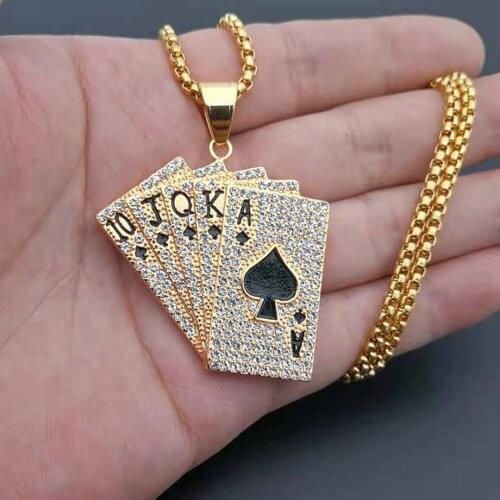 Hiphop Iced Out Playing Card Straight Flush Pendant With Stainless Steel Chain Mens Poker Necklace Golden Jewelry Dropshipping