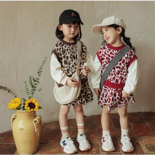 Korean Children Clothing Set 2021 Autumn Girls Leopard Skirt Two-piece Sweater + Short Skirt Set Kids Boutique Clothes Outfits