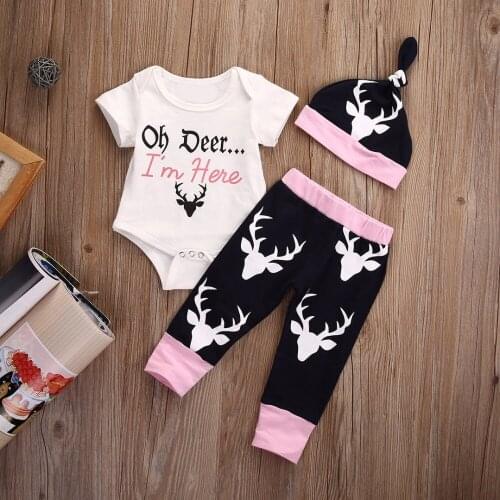 3pcs Baby Girl Clothing Set 2021 Oh Deer I'm Here Printed Infant Romper Toddle Baby Bodysuit+Pant +Hat/Headband Baby boy set