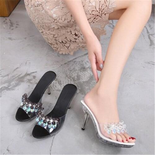 Summer 2020 Sexy Women Slippers High Quality Crystal Transparent Diamond Sandals High heels 9cm Slides Female Black Silver White