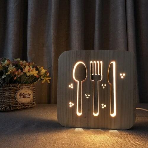 Knife Fork Spoon Modeling 3D Wooden Lamp Hollow Carving LED Night Lights for Restaurant Bar Home Decoration Wood Art Ornaments
