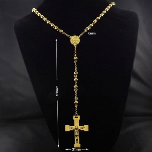 Tiasri 6mm Fashion Men Women Necklace Jesus Cross Pendant Gold Color Stainless Steel Sweater Chain Halloween Gifts Wholesale