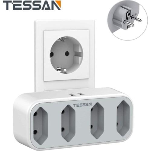 TESSAN 6 In 1 Multiple Socket EU Plug Power Strip with 2 USB Ports 4 European Outlets 2300W Portable Home Travel Charger Adapter