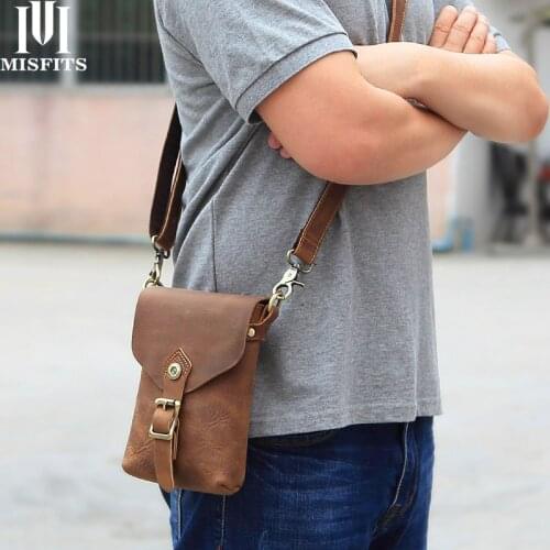 MISFITS 100% genuine leather men shoulder bags fashion messenger bag travel cell phone waist pack for male small crossbody bags