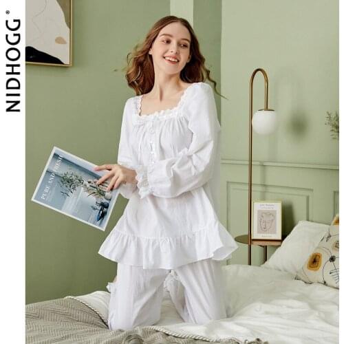 Womens 100% Cotton Princess Long Sleeve Pajamas White Court Loose Plus Size Sleepwear Square Collar Autumn Lounge Wear 2 Piece