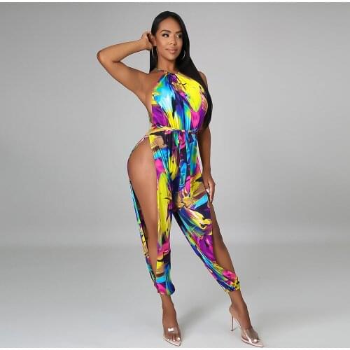 Womens Lace Up Printed Long Romper Harem Pants Side High Split Loose Hollow Out Jumpsuit with Waist Belt Cold Shoulder Jumpsuit