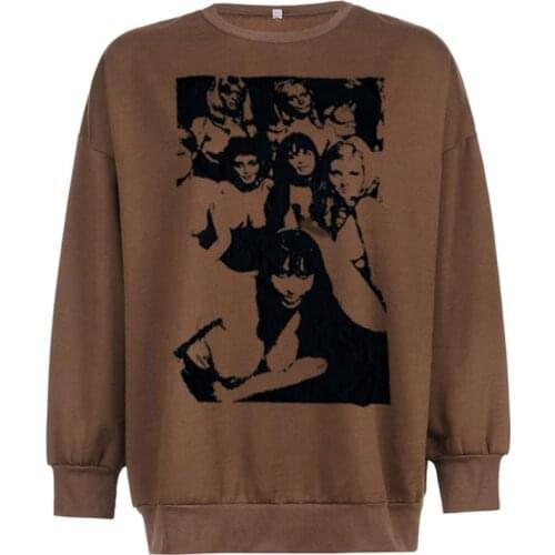 Female Pullover, Adults Portrait Print Round Neck Long Sleeve Tops for Spring Fall, Brown/Black/Orange, S/M/L