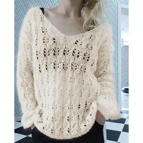 Polyester Long-Sleeved Top Womens Loose Plus Size Casual Sweaters Hollow Solid Color V-Neck Pullover 2021 Autumn and Winter New