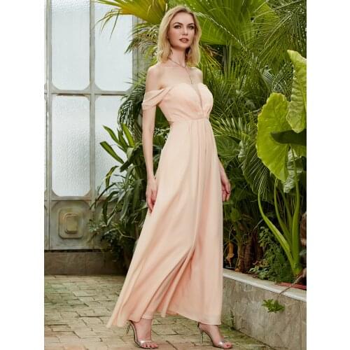 Angel-Fashions Off Shoulder See Through Tie Back A-Line Prom Dress Apricot 556