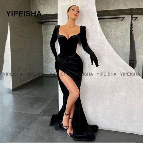 Yipeisha Simple Velvet Evening Dresses Long Sleeves High Slit Prom Party Dress Black Mermaid Women Formal Gowns Custom Made