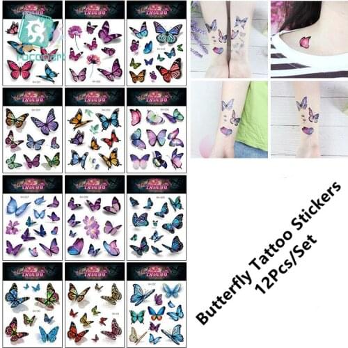 12Pcs/Set 3D Butterfly Flower Arm Body Art Flash Water Transfer Waterproof Temporary Tattoo Sticker For Women Girls Fake Tattoos