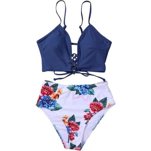 2pcs/set Summer Women Bikini Romantic Flower Print Bandage Hollow Swimsuit Beachwear Swimwear Brazilian Bathing Suit