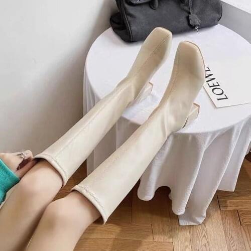 2021 Fashion Women Black Block High Heels Long Boots New Winter Warm Knee High Boots Soft Leather Thigh High Boots Shoes