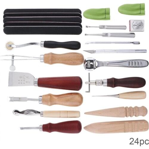 24pcs/set DIY Leather Craft Tools Kit Hand Sewing Stitching Punch Carving Work Saddle Leather Craft Accessories Practical