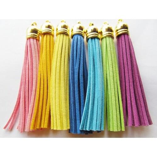 Free Shipping 50Pcs 90mm Mixed Suede Leather Jewelry Tassel For Key Chains/ Cellphone Charms Top Plated End Caps Cord Tip