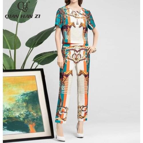 Qian Han Zi designer Retro vacation 2-piece set Women fashion short sleeve blouse+amazing Pattern print long pants Suit set