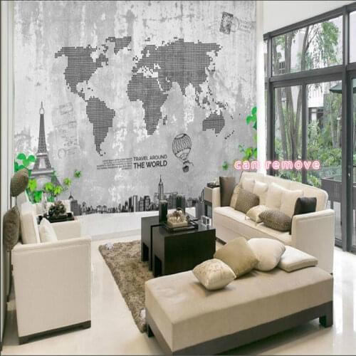 European City Architecture World Map Paris Tower Gray Cement Wall Background 3D Mural Wallpaper Restaurant Cafe Wall Paper 3D