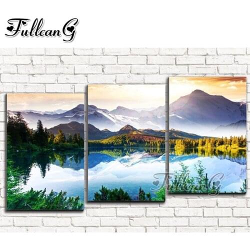 FULLCANG 5d diy diamond embroidery mountain lake scenery diamond painting triptych full square round drill home decor FC2358