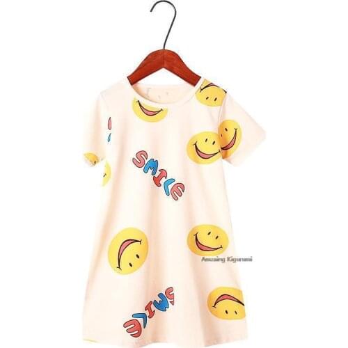 Cotton Nightdres Girl Pajamas Dresses Children Cartoon Summer Nightgown Home Wear Yellow Smiley Face Pattern Kids Sleepwear