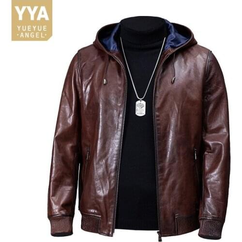 Vintage Brown Mens Genuine Leather Jacket New Autumn Winter Loose Fit Oil Wax Cowhide Coat Male Casual Zipper Hooded Jackets