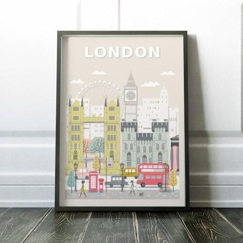 London Print Wall Art Travel Poster Wall Picture , London City Building Fine Art Canvas Painting for Living Room Home Decor