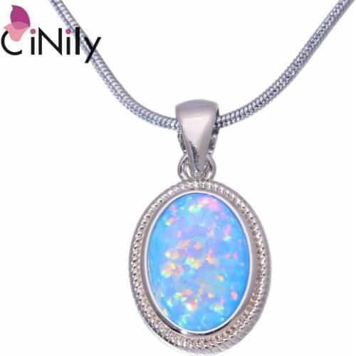 CiNily Created Blue Fire Opal Silver Plated Wholesale Oval Shape for Women Jewelry With the Chain Pendant Necklace OD6776