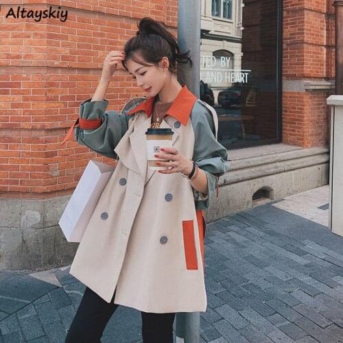 Casual Trench Coat Womens Plus Size 3XL Streetwear Leisure Patchwork A-Line Belt High Street Ladies Chic Europe Style Overcoat