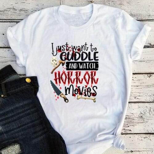Cuddle and Watch Horror Movies Shirt Gothic Women Clothing 2021 Halloween Party Aesthetic Tops Spooky Tshirt Vintage Tee
