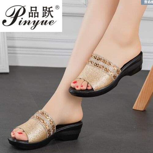 Women Slippers Shoes Genuine Leather Slip on Outside Slides Ladies Fashion Wedges Summer Beach thick sole Flip Flop