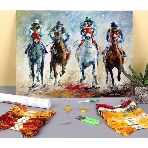 Horse Racing Printed Fabric 11CT Cross-Stitch DIY Embroidery Full Kit DMC Threads Handmade Handiwork Handicraft Adults