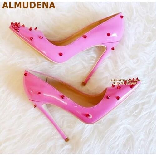 ALMUDENA Rivets Pointed-toe Heels Women Sexy White Black Dress Pumps Gold Rivets Gladiator Shoes 10cm 12cm Stiletto Heel Pumps