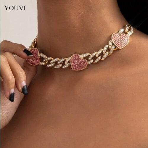 YOUVI Iced Out Cuban Link Chain Necklace for Women Shiny Rhinestone Heart Choker Necklacen Jewelry Charms Collier Femme Jewelry
