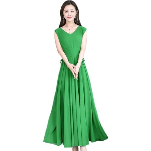 Green Dress Women White Black Red 10 Colors 3XL4XL Plus Size Chiffon Dresses 2019 New Summer Korean V Neck Slim Maxi Dress CX910