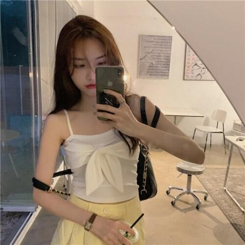 Spaghetti Strap Summer Camis Women Big Bow Cotton Shirts Tops Casual Sexy Cropped Tops Solid Streetwear Sleeveless Seamless