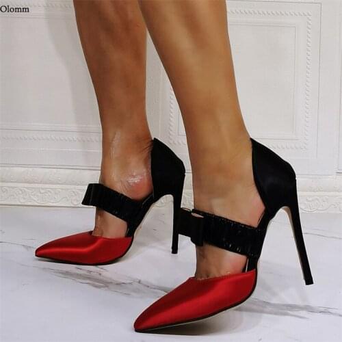 Olomm 2021 Handmade Women Satin Pumps Two Pieces Sexy Stiletto Heels Pointed Toe Red Black Prom Party Shoes Women US Size 5-15