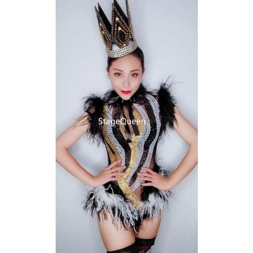Women Glisten Rhinestones Mesh Bodysuit Leggings Black White Feather Outfit Nightclub Birthday Performance Outfit Party Wear