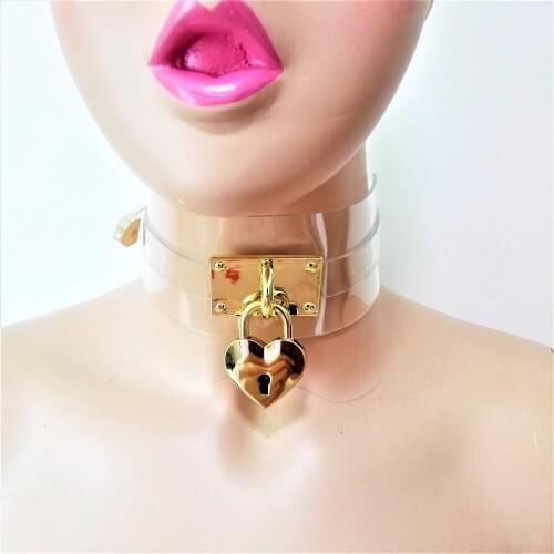 Women Brand new Harajuku Hot Dark handmade Clear Leather fashion Choker Gold sweet heart lock punk Necklaces collar torques