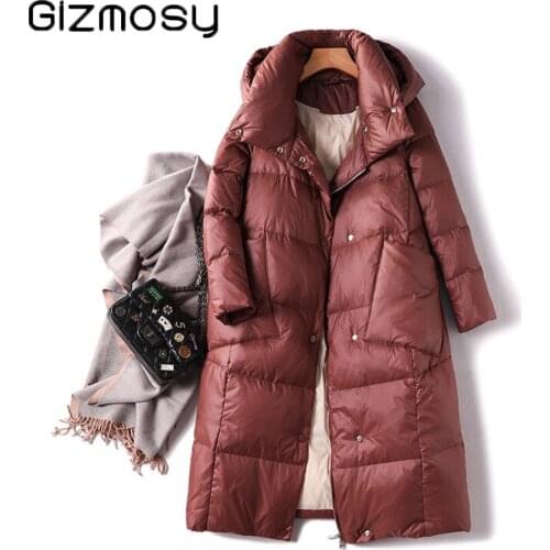 Gizmosy Down Jacket Women 2021 Winter New Slim White Duck Down Coat over Female Thick Long Warm Puffer Jacket Hooded Down Parkas
