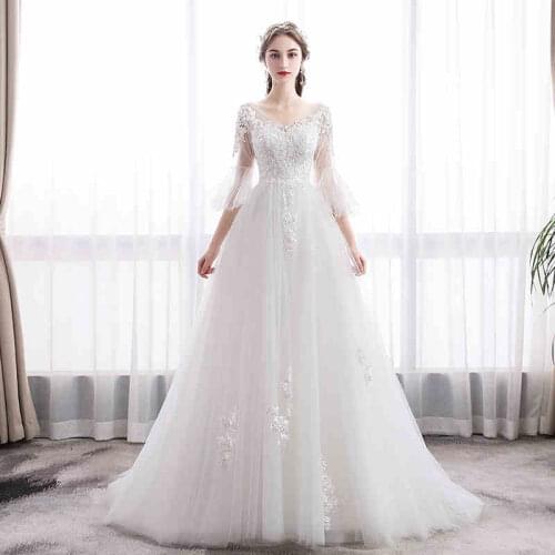 2021 New A Line Satin Wedding Dresses Lace Appliques Puff Sleeves Wedding Gowns Floor Length Vestido De Noiva for Women
