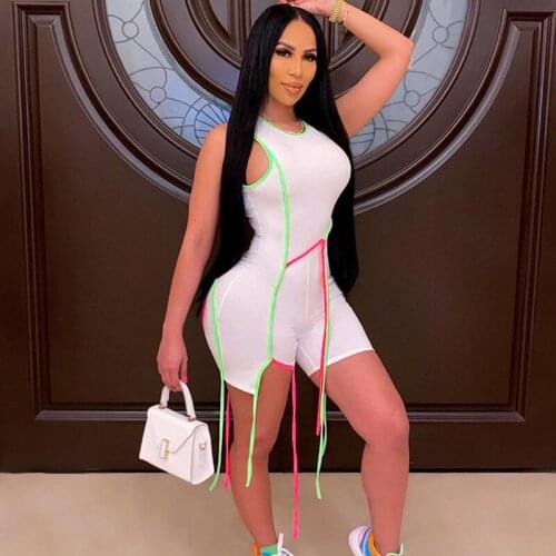 Women Bodysuit Shorts Ribbons Sleeveless Rompers Casual Patchwork Jumpsuit Fitness Biker Workout Sportswear Streetwear Outfit