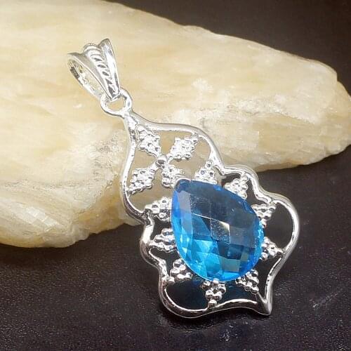 Fashion Jewelry Unique Genuine 925 Silver Teardrop Shiny Blue Topaz Charm Pendant Necklace Gifts for Women Girls 20213599