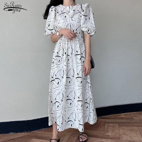 Korean Style White Print Dress Women Puff Short Sleeve Elastic Waist Female Dress Plus Size Elegant Long Dresses Robes New 15430