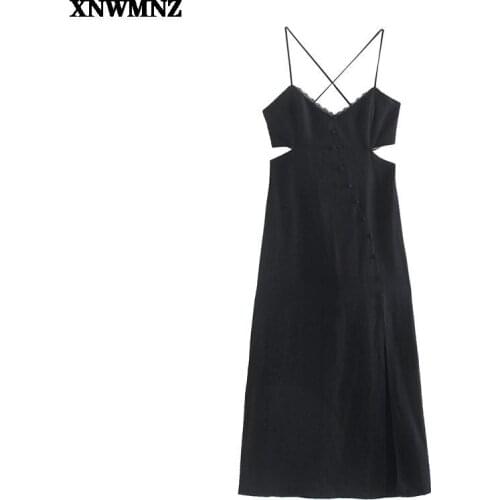 New Za Sexy Black cut-out midi dress Women linen blend v-neck lace straps buttons Summer Dress Chic Ladies Evening Party Dresses