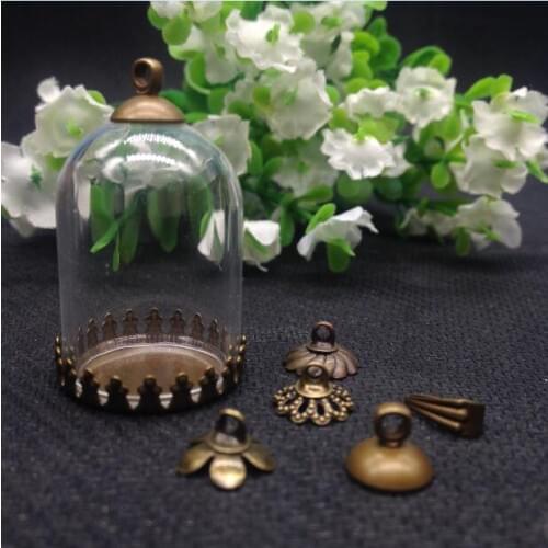 100sets tube shape 30*20mm glass globe bronze color small crown base tray beads cap vial pendant bottle sample jars accessories