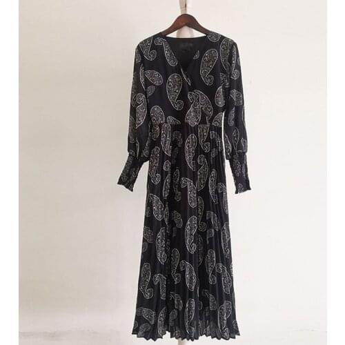 2021 spring new design dress v-neck women printed quality runway dresses long-sleeve women pleated dress