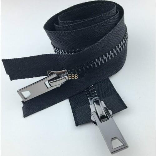 8# Vintage Long Metal Zipper All Black Fashion Double Open End Two-way Black Copper Leather Jacket Sewing Accessories