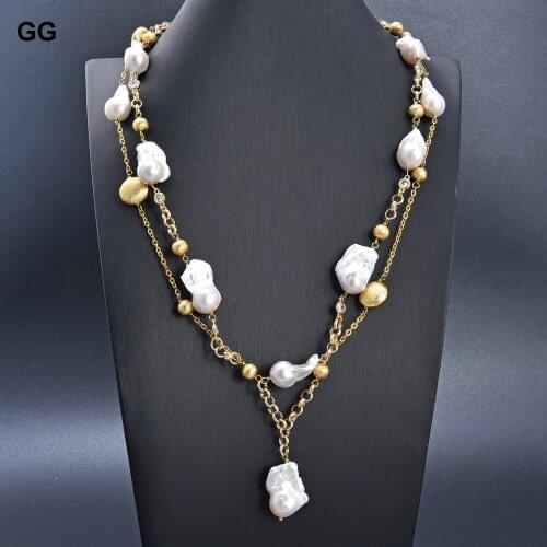 JK 25" 2 Rows Cultured White Keshi Pearl Cz Chain Necklace