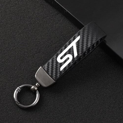 For ST Logo Ford FOCUS Mondeo Fiesta Kuga MK2 MK3 Car Carbon fiber Leather Car KeyChain 360 Degree Rotating Horseshoe Key Rings