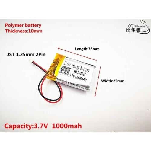 JST 1.25mm customized Good Qulity 3.7V,1000mAH,102535 Polymer lithium ion / Li-ion battery for TOY,POWER BANK,GPS,mp3,mp4